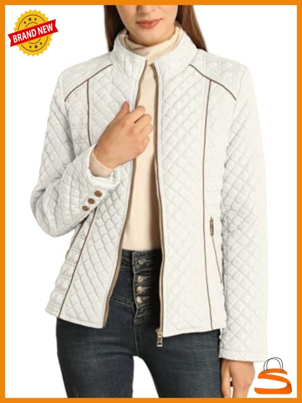 Fleece-Lined Diamond Quilted Puffer Jacket Zip-Up Winter Coat Fitted